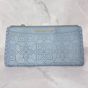 Michael Kors Karson Laser Cut Slim Card Case Wallet Pale Blue